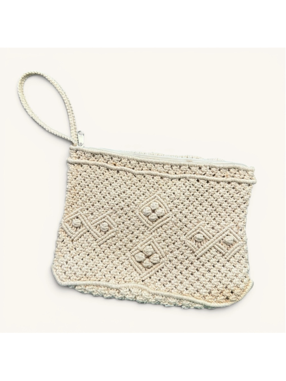 Vintage Crochet Clutch Wristlet Cream Boho Cottagecore Mini Bag